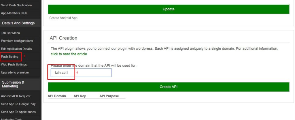 how to create api key push settings