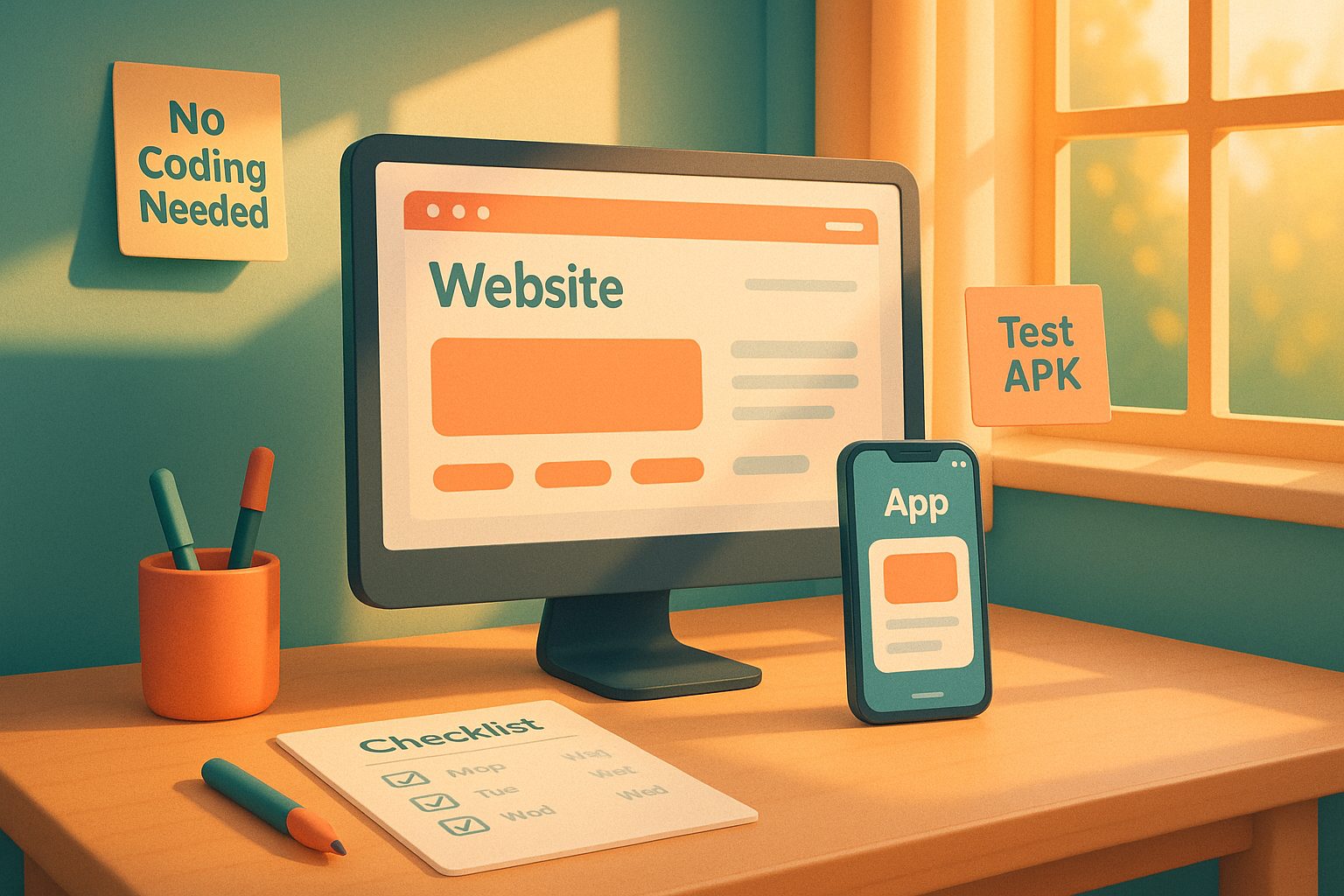 Illustration for article: From Website to App in 3 Days: The Honest, No-Code Owner’s Walkthrough (With Free Test APK and Zero Surprises) — turn website into app without coding