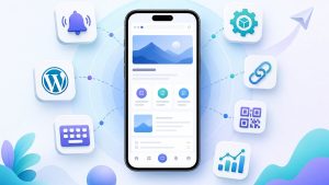 Website converted into a mobile app with push, APK, WordPress, links, QR code, keyboard, and analytics features